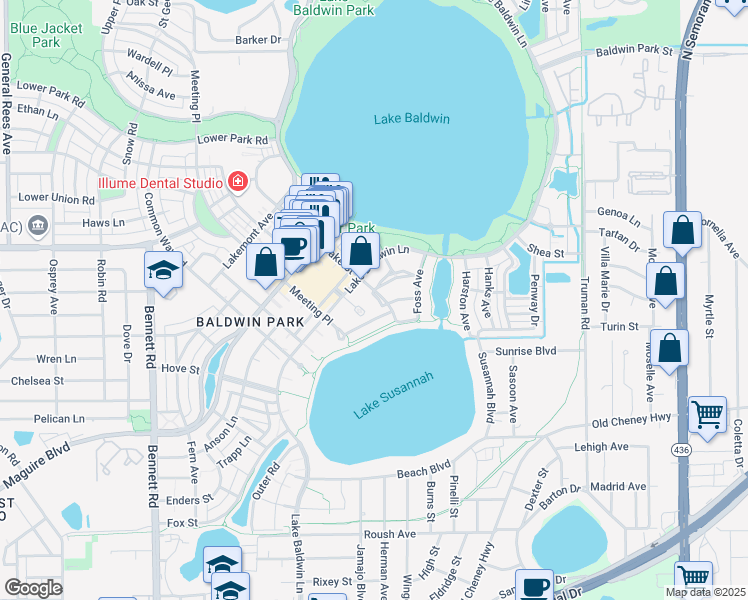 map of restaurants, bars, coffee shops, grocery stores, and more near 5038 Fenwood Lane in Orlando