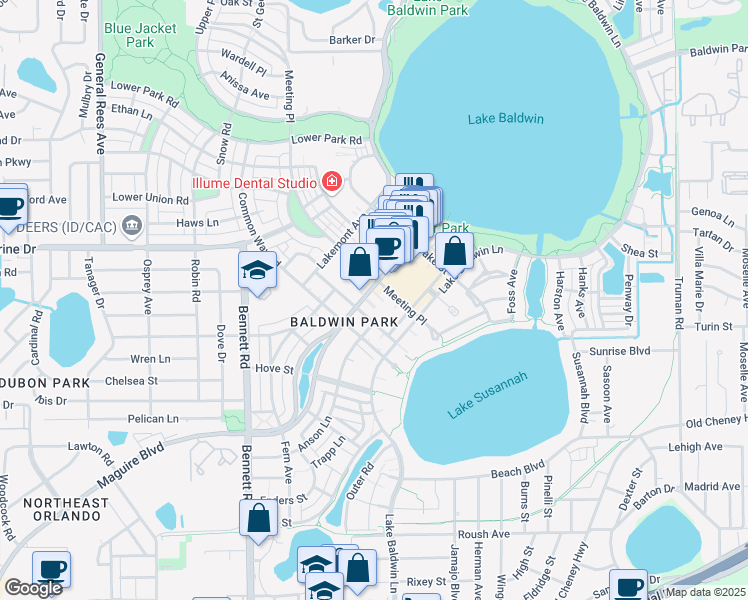 map of restaurants, bars, coffee shops, grocery stores, and more near 4776 New Broad Street in Orlando