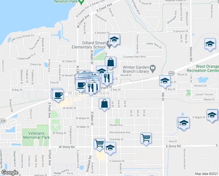 map of restaurants, bars, coffee shops, grocery stores, and more near 5 South Dillard Street in Winter Garden