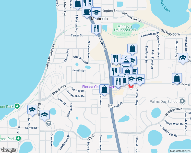 map of restaurants, bars, coffee shops, grocery stores, and more near 608 Brooke Court in Clermont