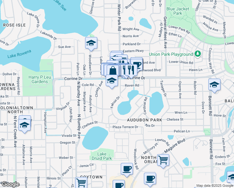 map of restaurants, bars, coffee shops, grocery stores, and more near 1600 Winter Park Road in Orlando