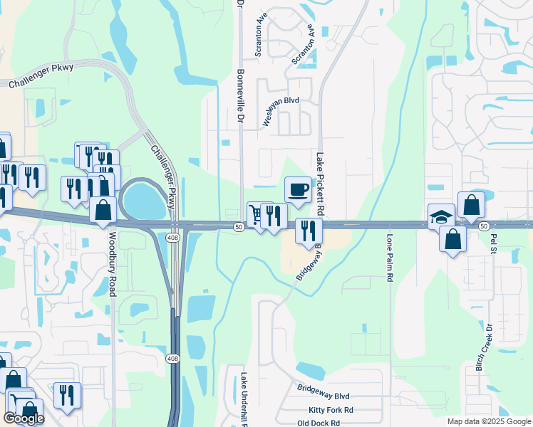 map of restaurants, bars, coffee shops, grocery stores, and more near 13645 East Colonial Drive in Orlando
