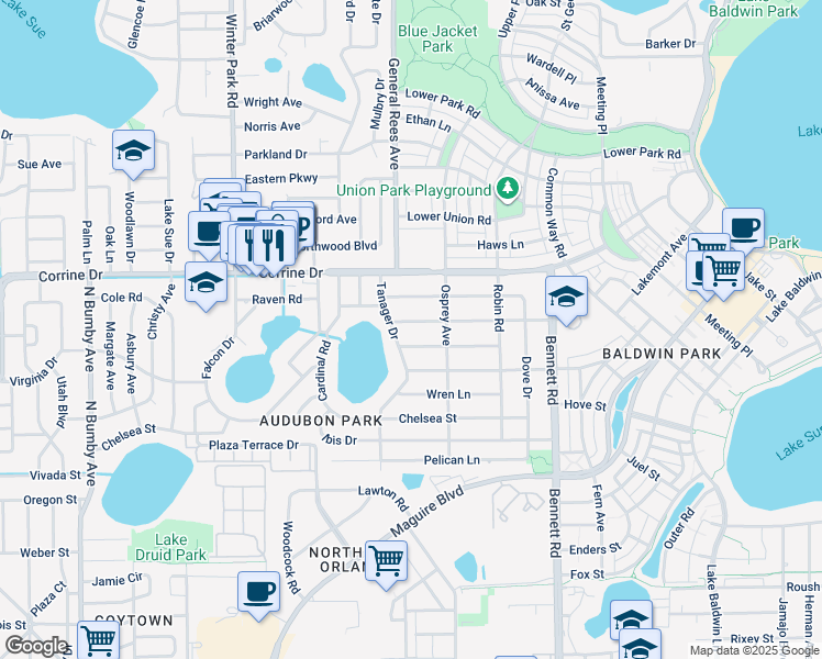 map of restaurants, bars, coffee shops, grocery stores, and more near 3632 Bobolink Lane in Orlando