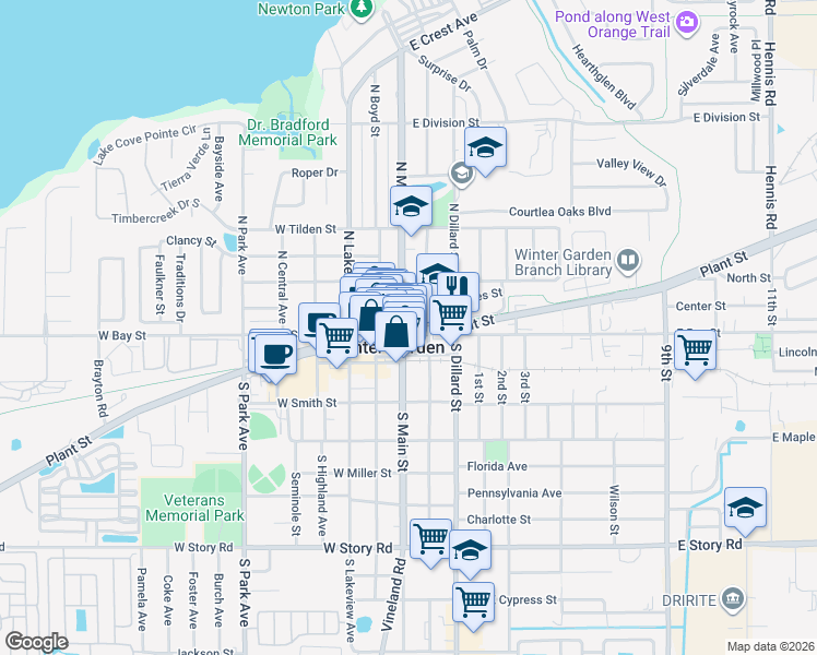 map of restaurants, bars, coffee shops, grocery stores, and more near 1 North Main Street in Winter Garden