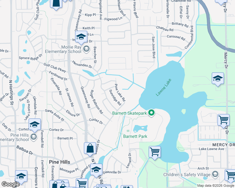 map of restaurants, bars, coffee shops, grocery stores, and more near 1422 Pine Lake Road in Orlando