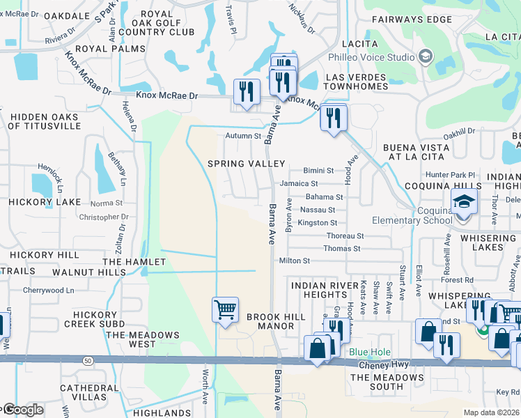 map of restaurants, bars, coffee shops, grocery stores, and more near 4110 Barna Avenue in Titusville