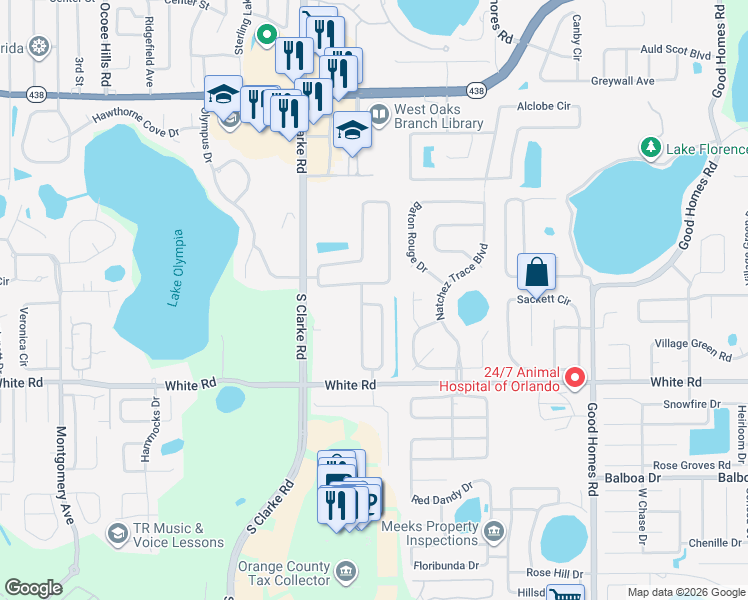 map of restaurants, bars, coffee shops, grocery stores, and more near 254 Misty Meadow Drive in Ocoee