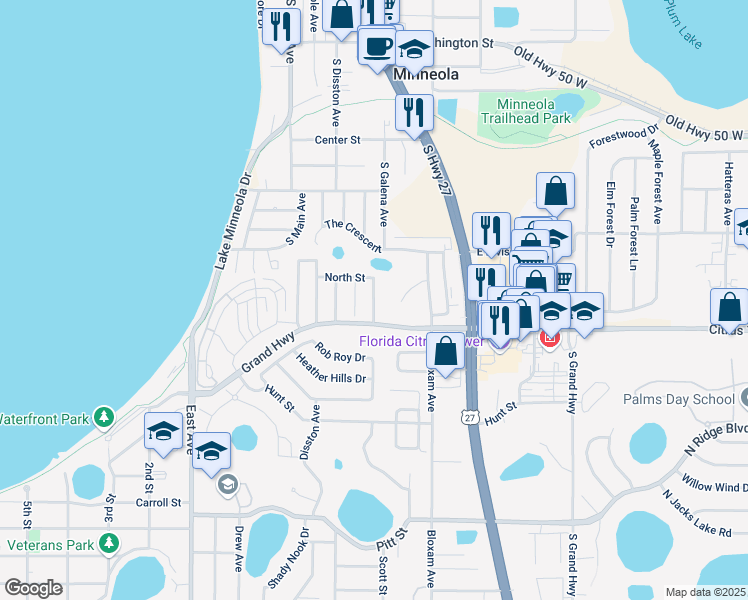 map of restaurants, bars, coffee shops, grocery stores, and more near 220 Hillside Drive in Clermont