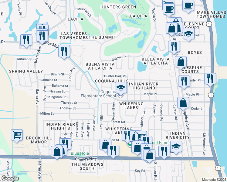 map of restaurants, bars, coffee shops, grocery stores, and more near 4174 David Drive in Titusville