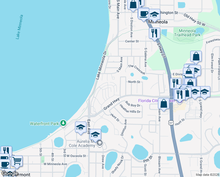 map of restaurants, bars, coffee shops, grocery stores, and more near 192 Riggings Way in Clermont
