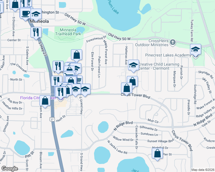 map of restaurants, bars, coffee shops, grocery stores, and more near 956 Forest Hill Drive in Minneola