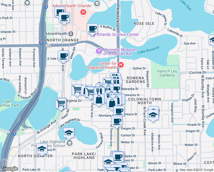 map of restaurants, bars, coffee shops, grocery stores, and more near 1617 Haven Drive in Orlando