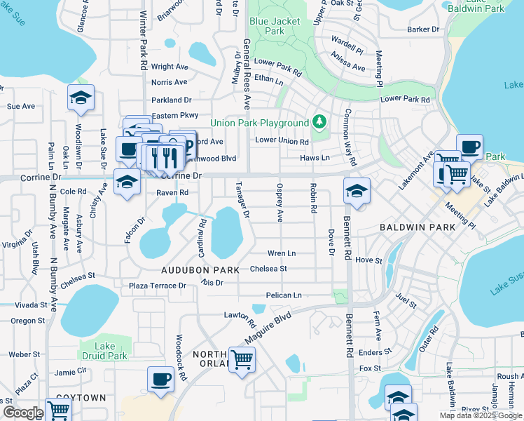 map of restaurants, bars, coffee shops, grocery stores, and more near 3632 Bobolink Lane in Orlando