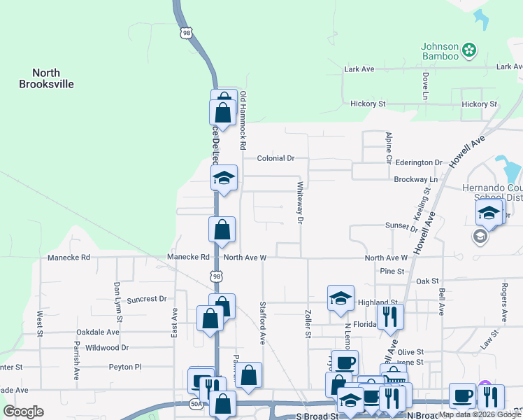 map of restaurants, bars, coffee shops, grocery stores, and more near 529 Oakhill Ct in Brooksville