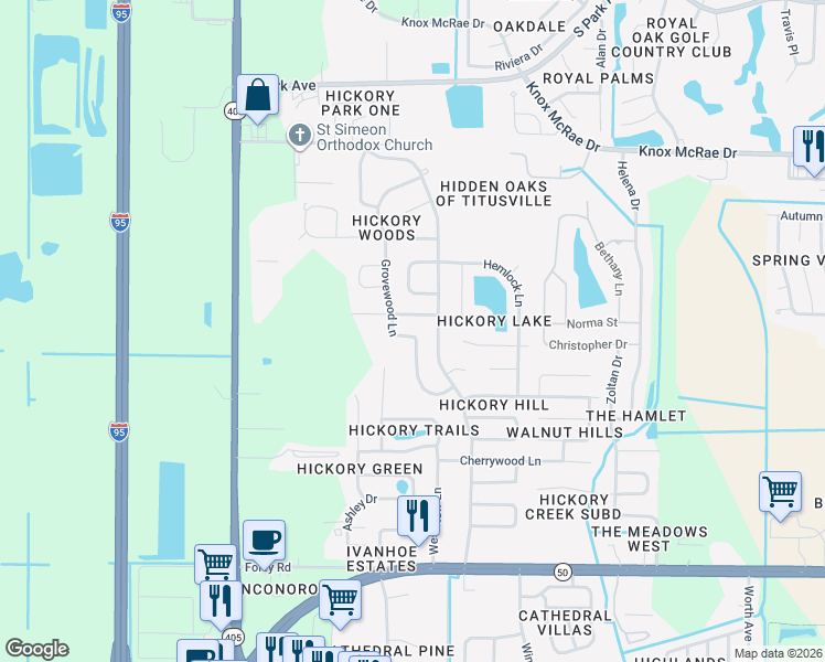 map of restaurants, bars, coffee shops, grocery stores, and more near 4140 Hickory Hill Boulevard in Titusville