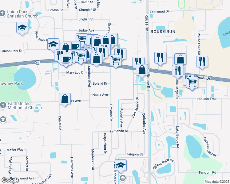 map of restaurants, bars, coffee shops, grocery stores, and more near 1633 Grayson Drive in Orlando