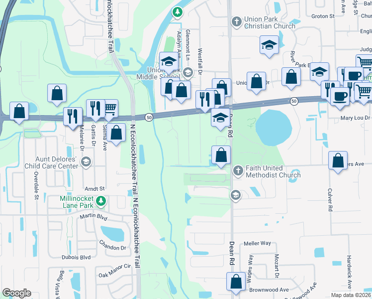 map of restaurants, bars, coffee shops, grocery stores, and more near 1602 Miami Road in Orlando