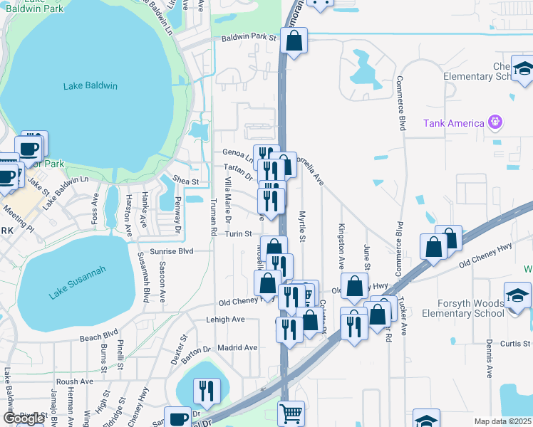 map of restaurants, bars, coffee shops, grocery stores, and more near 1503 Moselle Avenue in Orlando