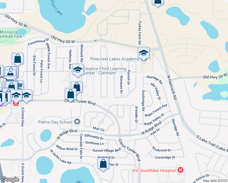 map of restaurants, bars, coffee shops, grocery stores, and more near 1041 Arbor Hill Circle in Minneola
