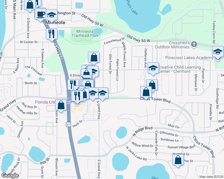 map of restaurants, bars, coffee shops, grocery stores, and more near 921 Elm Forest Drive in Minneola