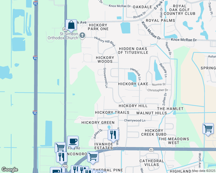 map of restaurants, bars, coffee shops, grocery stores, and more near 4201 Grovewood Lane in Titusville