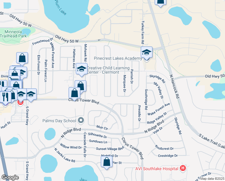 map of restaurants, bars, coffee shops, grocery stores, and more near 1041 Arbor Hill Circle in Minneola