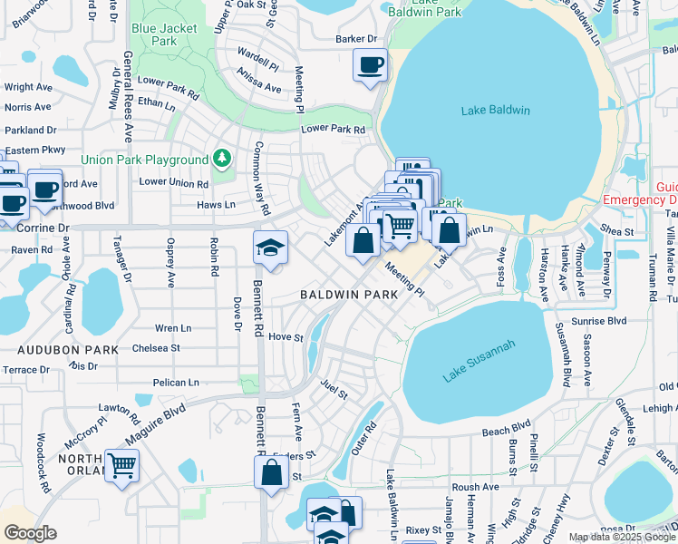 map of restaurants, bars, coffee shops, grocery stores, and more near 4556 Virginia Drive in Orlando
