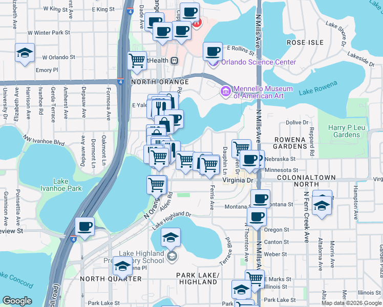 map of restaurants, bars, coffee shops, grocery stores, and more near 1619 New York Avenue in Orlando