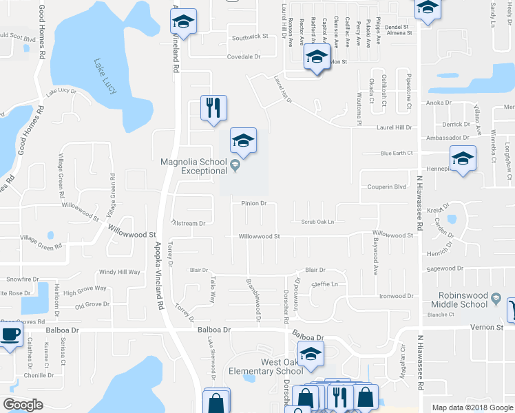map of restaurants, bars, coffee shops, grocery stores, and more near 7222 Pinion Drive in Orlando