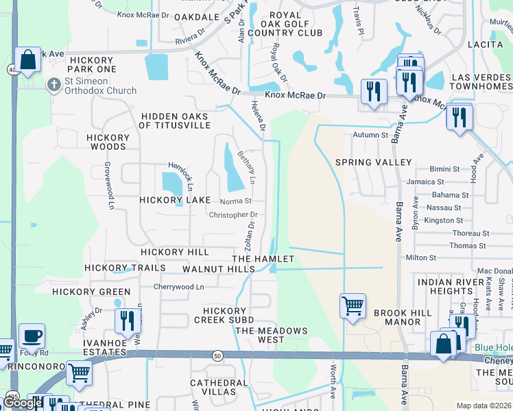 map of restaurants, bars, coffee shops, grocery stores, and more near 2527 Norma Street in Titusville