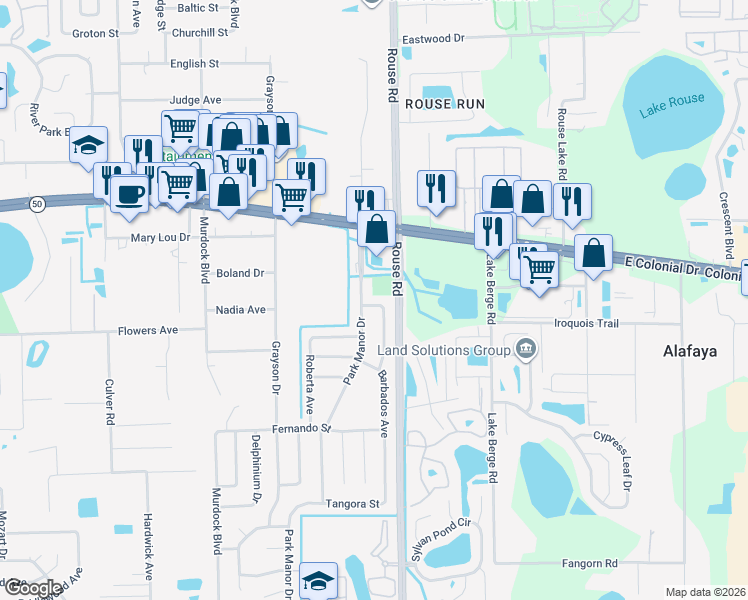 map of restaurants, bars, coffee shops, grocery stores, and more near 10909 Abigail Street in Orlando