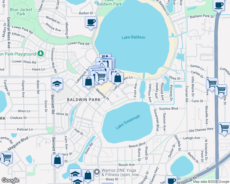map of restaurants, bars, coffee shops, grocery stores, and more near 1483 Lake Baldwin Lane in Orlando