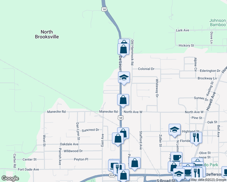 map of restaurants, bars, coffee shops, grocery stores, and more near 959-1015 Ponce De Leon Blvd in Brooksville