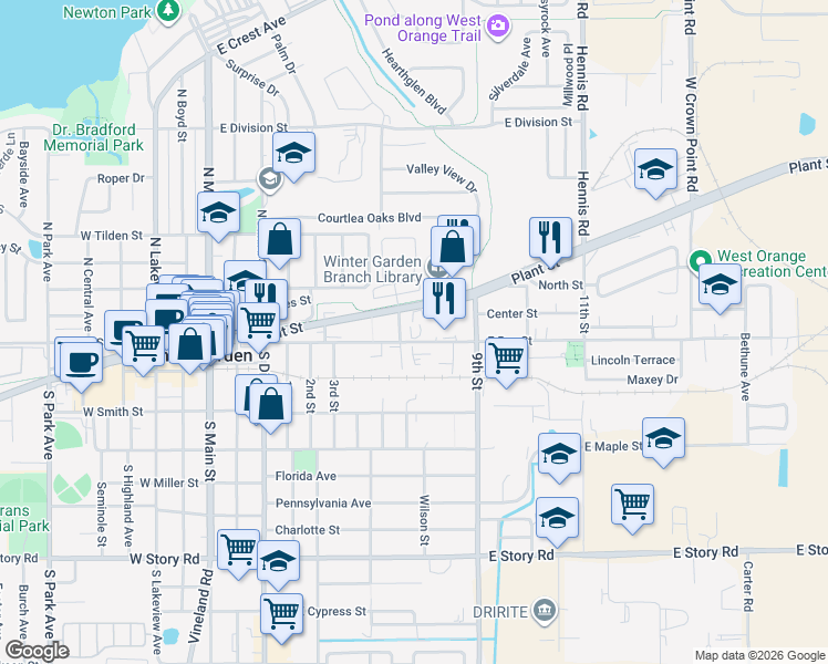 map of restaurants, bars, coffee shops, grocery stores, and more near 601 East Bay Street in Winter Garden