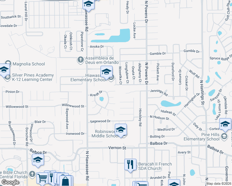 map of restaurants, bars, coffee shops, grocery stores, and more near 6566 Lawyer Court in Orlando