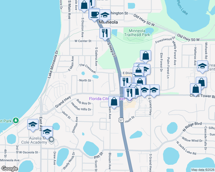 map of restaurants, bars, coffee shops, grocery stores, and more near 210 Bloxam Avenue in Clermont