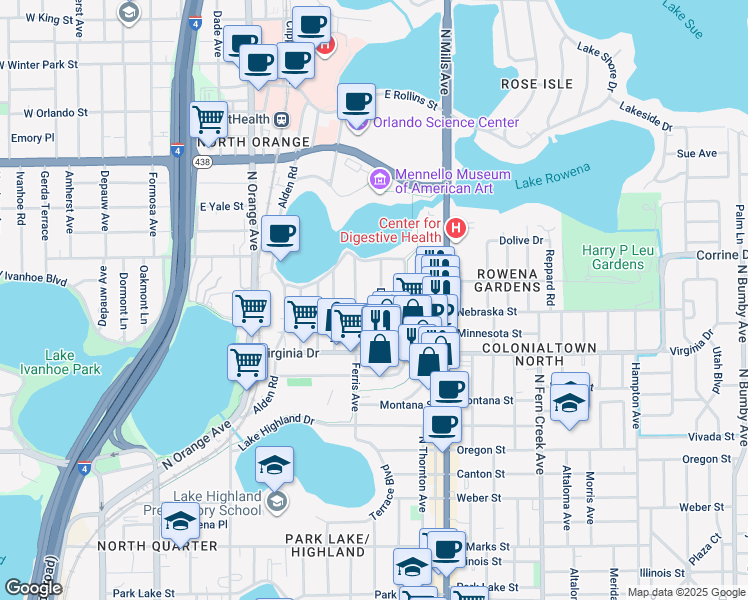 map of restaurants, bars, coffee shops, grocery stores, and more near 1620 Dauphin Lane in Orlando