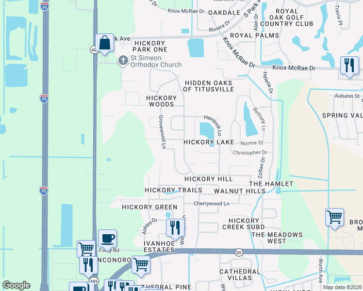 map of restaurants, bars, coffee shops, grocery stores, and more near 4140 Hickory Hill Boulevard in Titusville