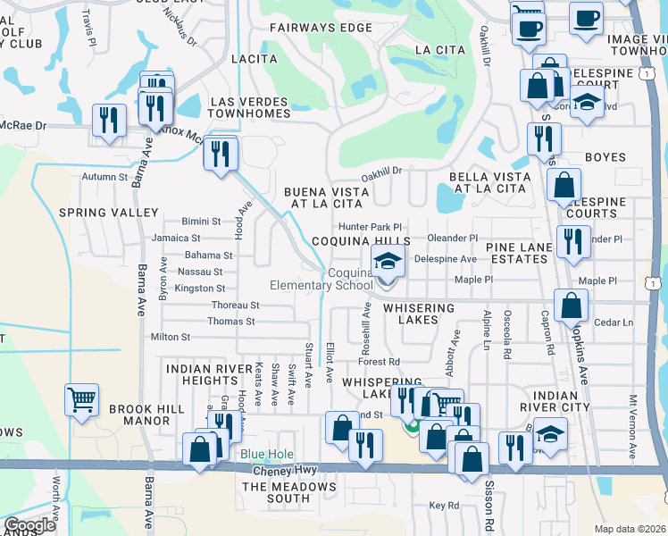 map of restaurants, bars, coffee shops, grocery stores, and more near 4110 Raney Road in Titusville
