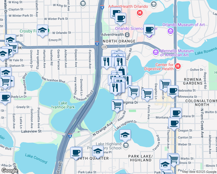 map of restaurants, bars, coffee shops, grocery stores, and more near 1701 Gurtler Court in Orlando
