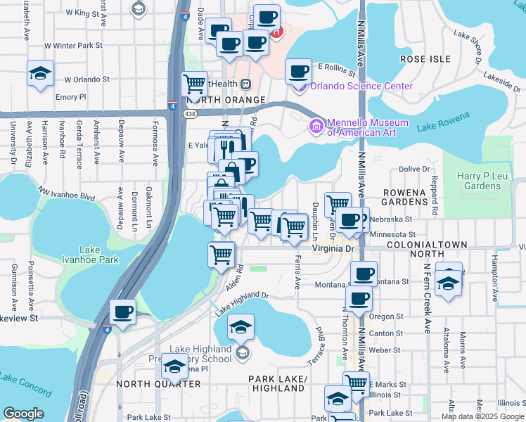 map of restaurants, bars, coffee shops, grocery stores, and more near 1619 New York Avenue in Orlando