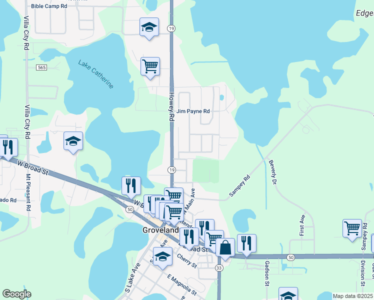 map of restaurants, bars, coffee shops, grocery stores, and more near 1101 Sea Eagle Avenue in Groveland