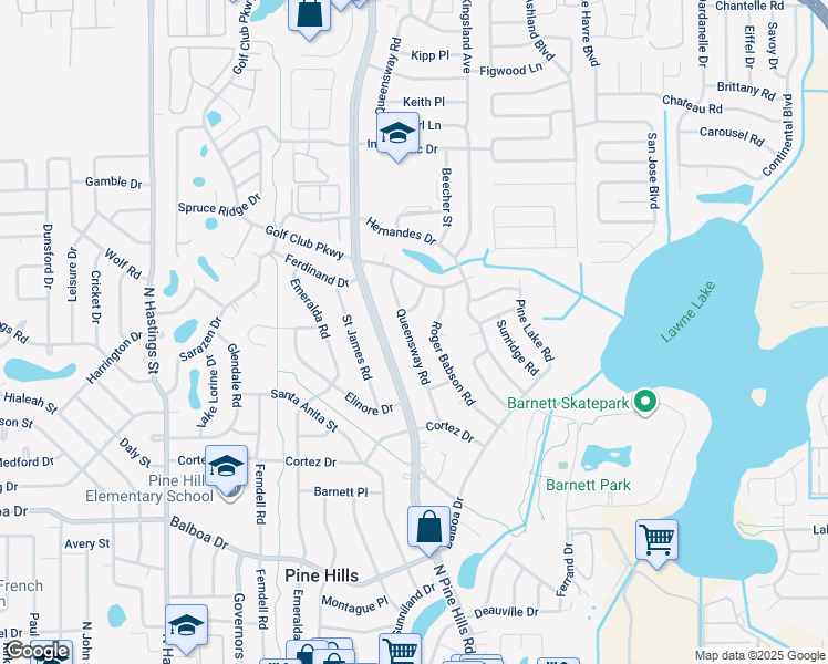 map of restaurants, bars, coffee shops, grocery stores, and more near 1519 Queensway Road in Orlando