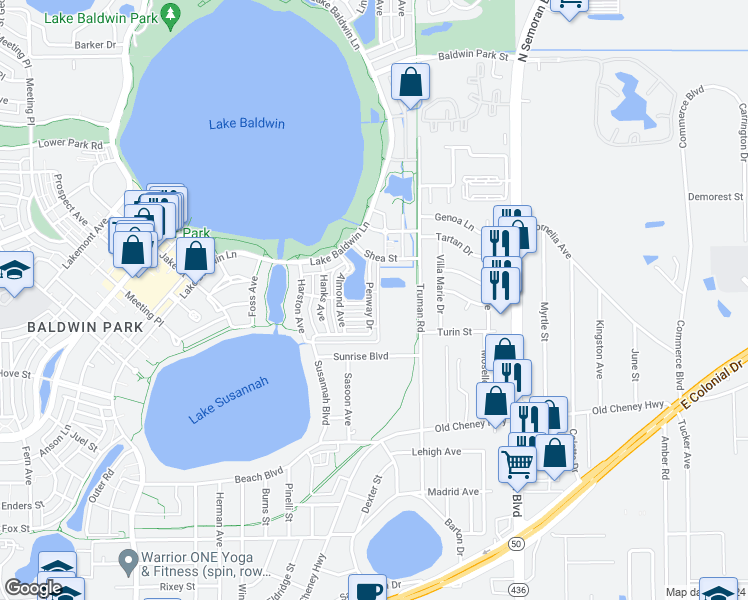 map of restaurants, bars, coffee shops, grocery stores, and more near 5448 Penway Drive in Orlando