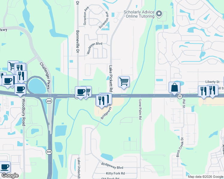 map of restaurants, bars, coffee shops, grocery stores, and more near 1715 Lake Pickett Rd in Orlando