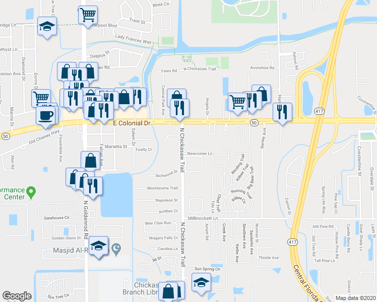 map of restaurants, bars, coffee shops, grocery stores, and more near 1657 North Chickasaw Trail in Orlando