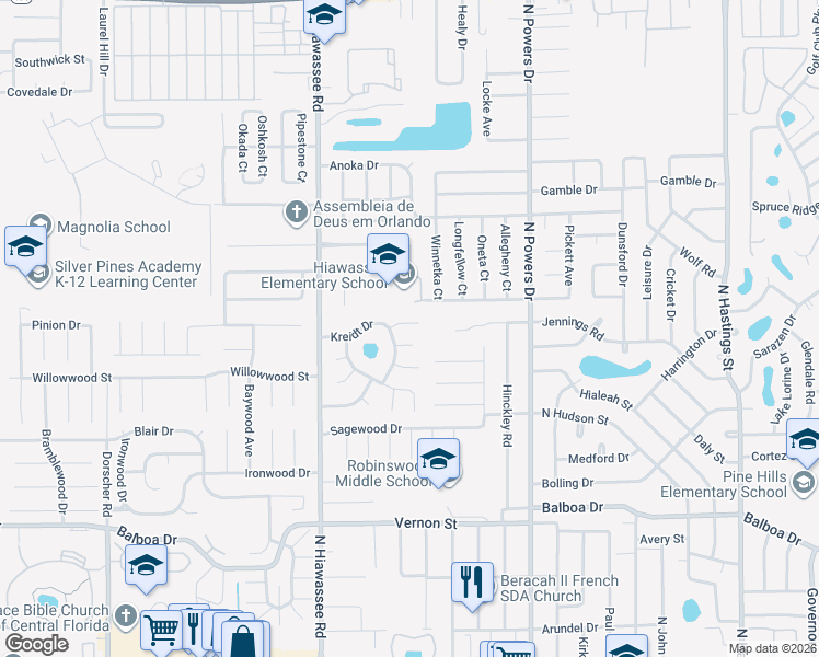 map of restaurants, bars, coffee shops, grocery stores, and more near 6566 Lawyer Court in Orlando