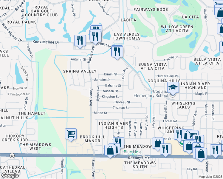 map of restaurants, bars, coffee shops, grocery stores, and more near 1630 Nassau Street in Titusville