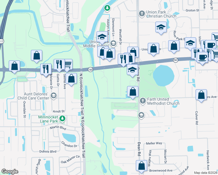 map of restaurants, bars, coffee shops, grocery stores, and more near 1602 Miami Road in Orlando