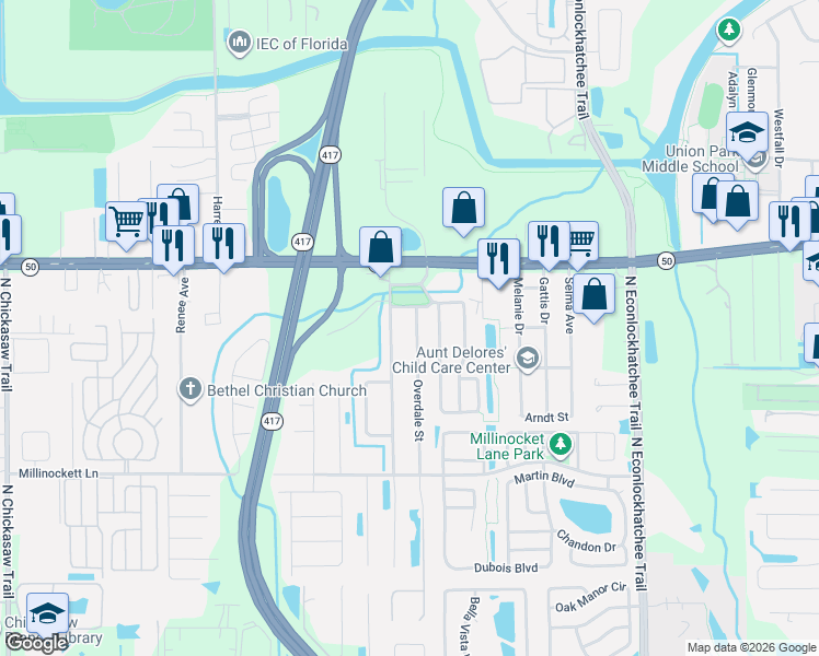 map of restaurants, bars, coffee shops, grocery stores, and more near 1519 Constantine Street in Orlando